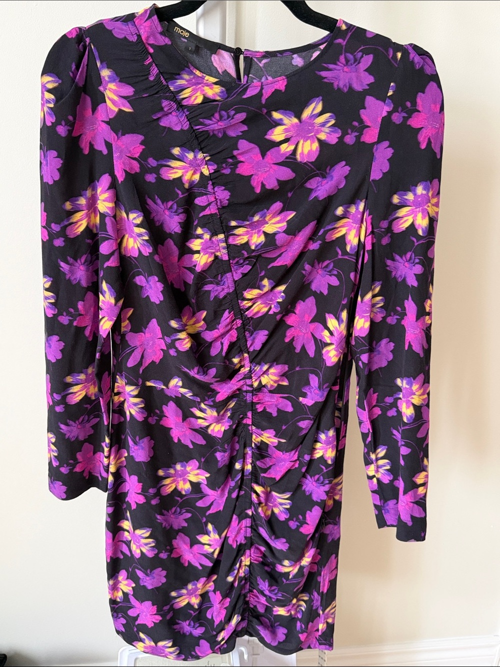 Maje Black Floral Ruched Long-Sleeve mini Dress, size S